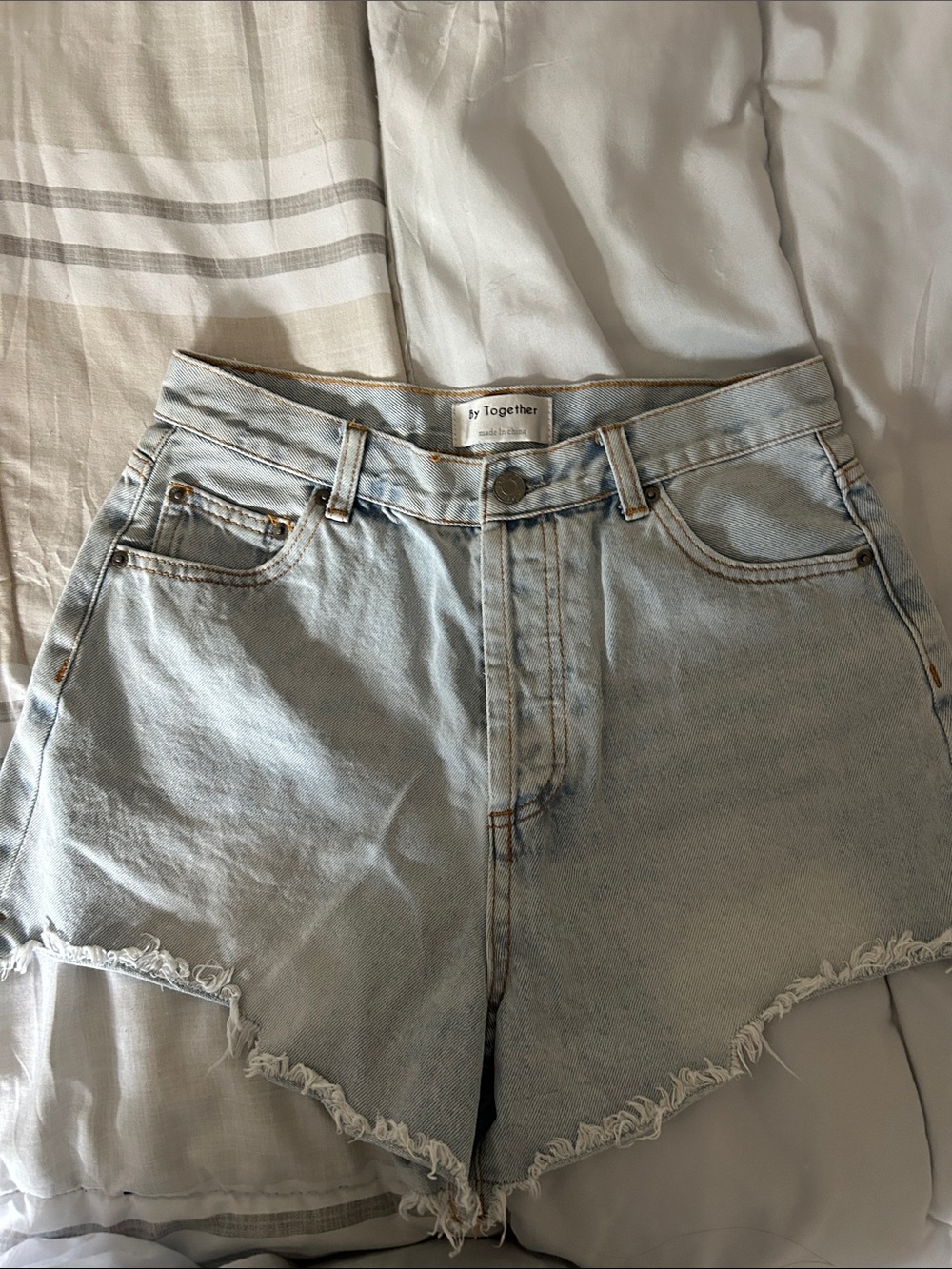 By Together Pale Blue High-Rise Frayed Hem Denim Shorts